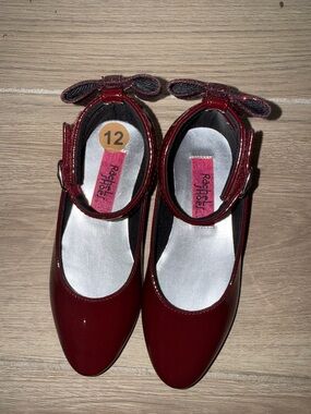 Rachel Shoes Burgundy Patent Mary Jane Flats with Bow Strap